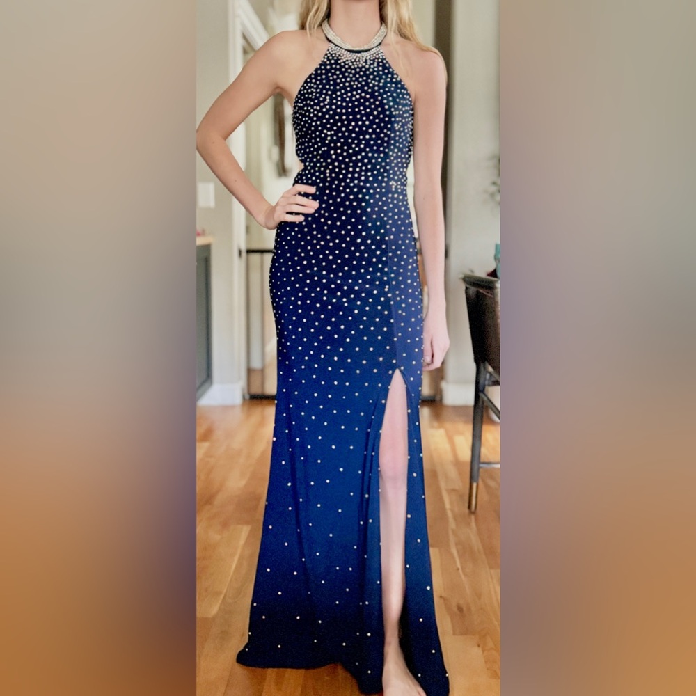 🔷Camille La Vie Halter Neck Gown/Dress in Navy with Crystals and strappy back